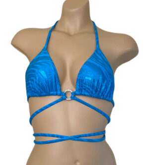 Strappy blue zebra print triangle bikini top with crystal ring at center front view