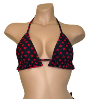 Ruffled reversible bikini top in red hearts print front view