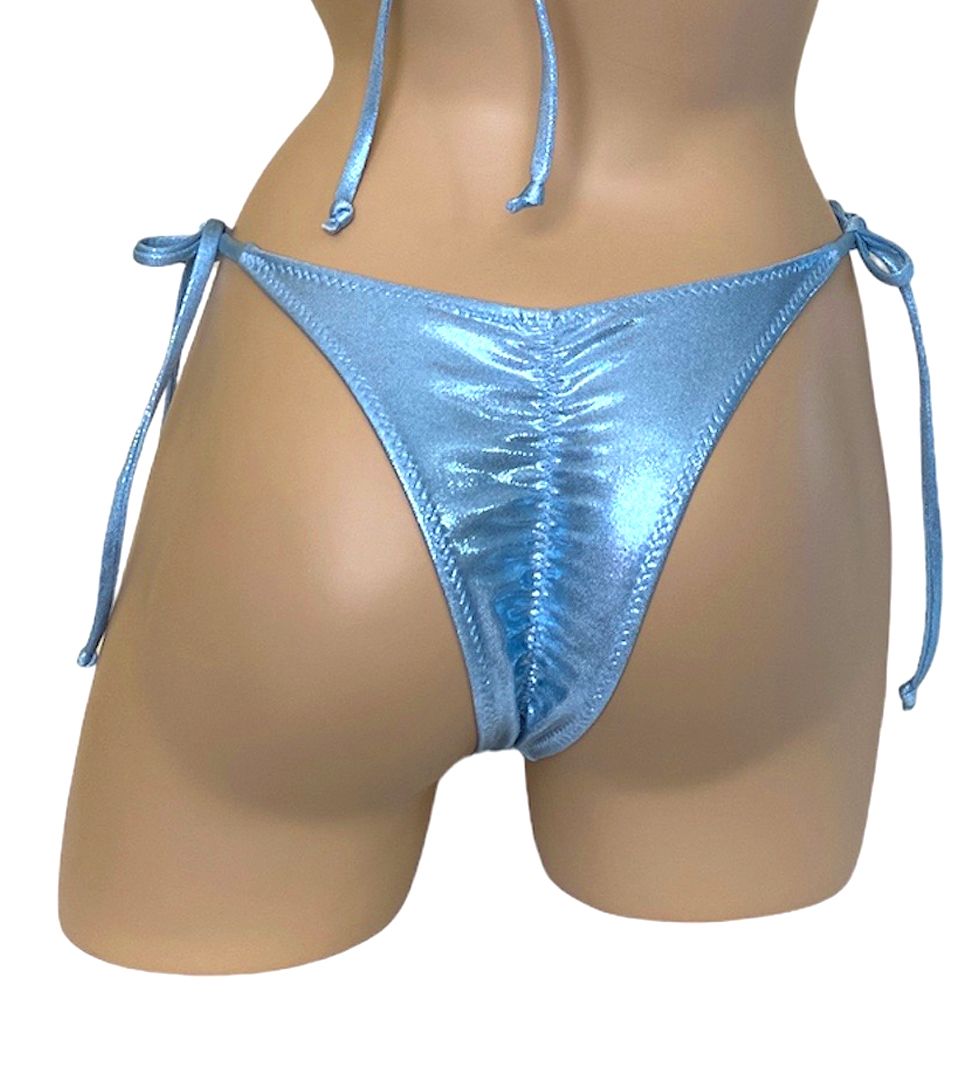 High cut tie side crystal side hoops bikini bottoms in metallic baby blue back view