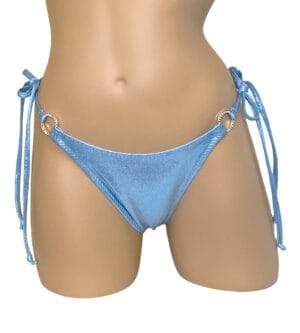 High cut tie side crystal side hoops bikini bottoms in metallic baby blue front view