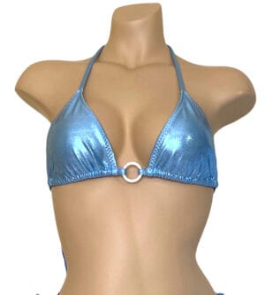 Triangle bikini top with crystal silver ring at center in metallic baby blue front view