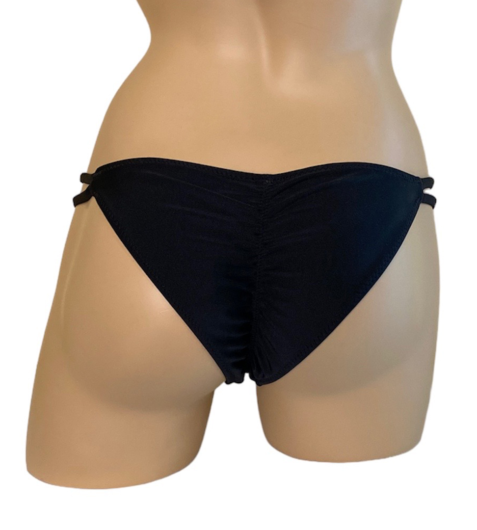 Low waist double side strap bikini bottoms in black back view