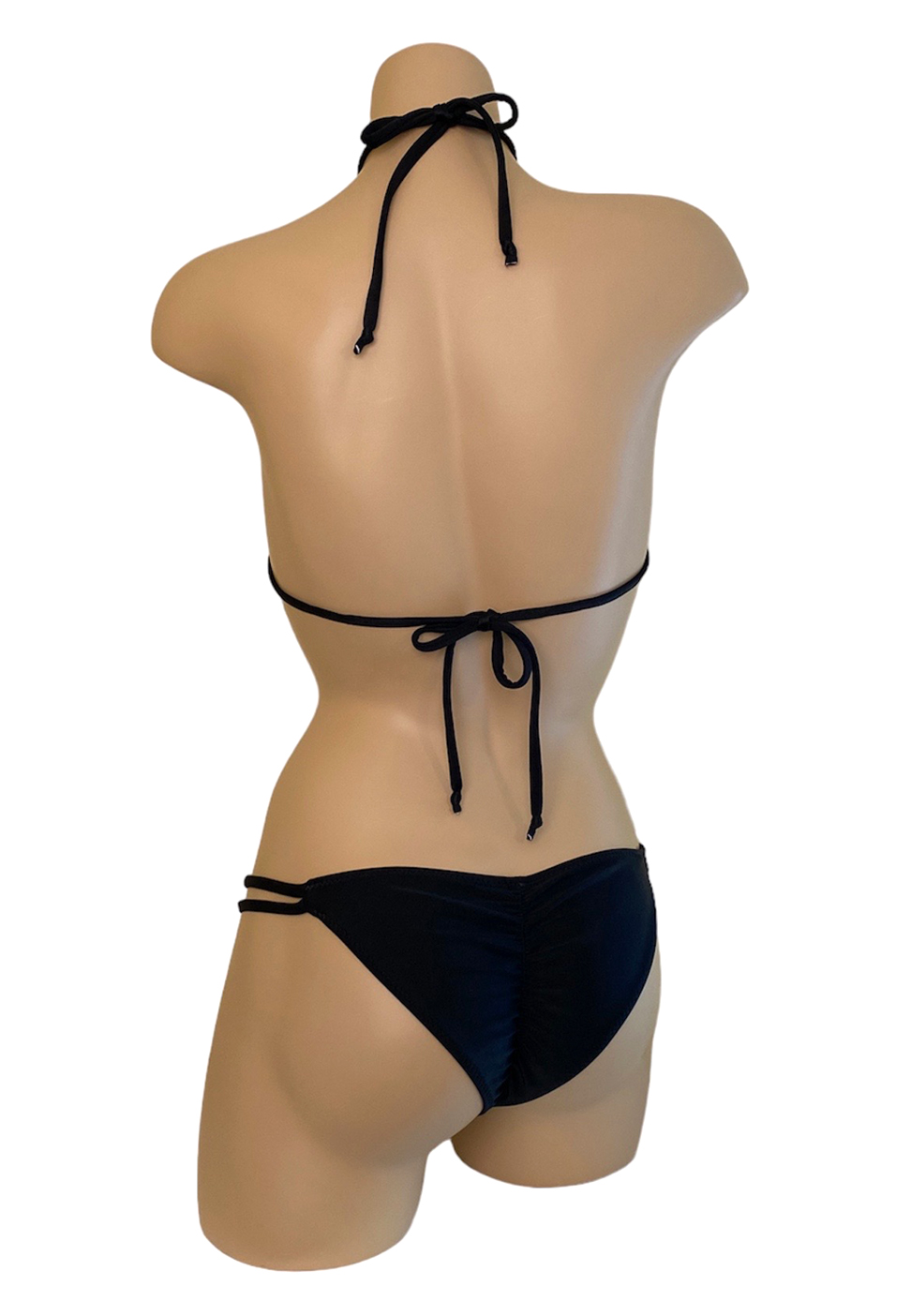 Low waist double strap ruched bikini bottoms and triangle top in black