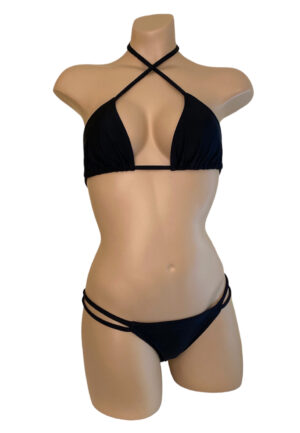 Low waist double side strap ruched back bikini bottoms and triangle bikini top in black