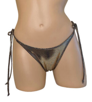 High cut tie side ruched back bikni bottoms in metallic black gold