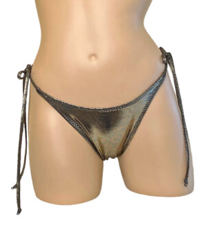 High cut, tie side, ruched back bikini bottoms in metallic black gold front view
