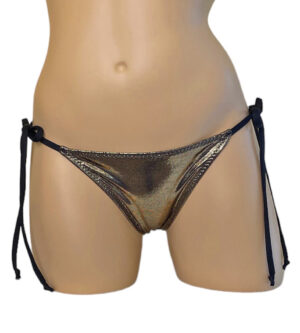 Low waist ruched back tie side bikni bottoms in metallic black gold with black straps