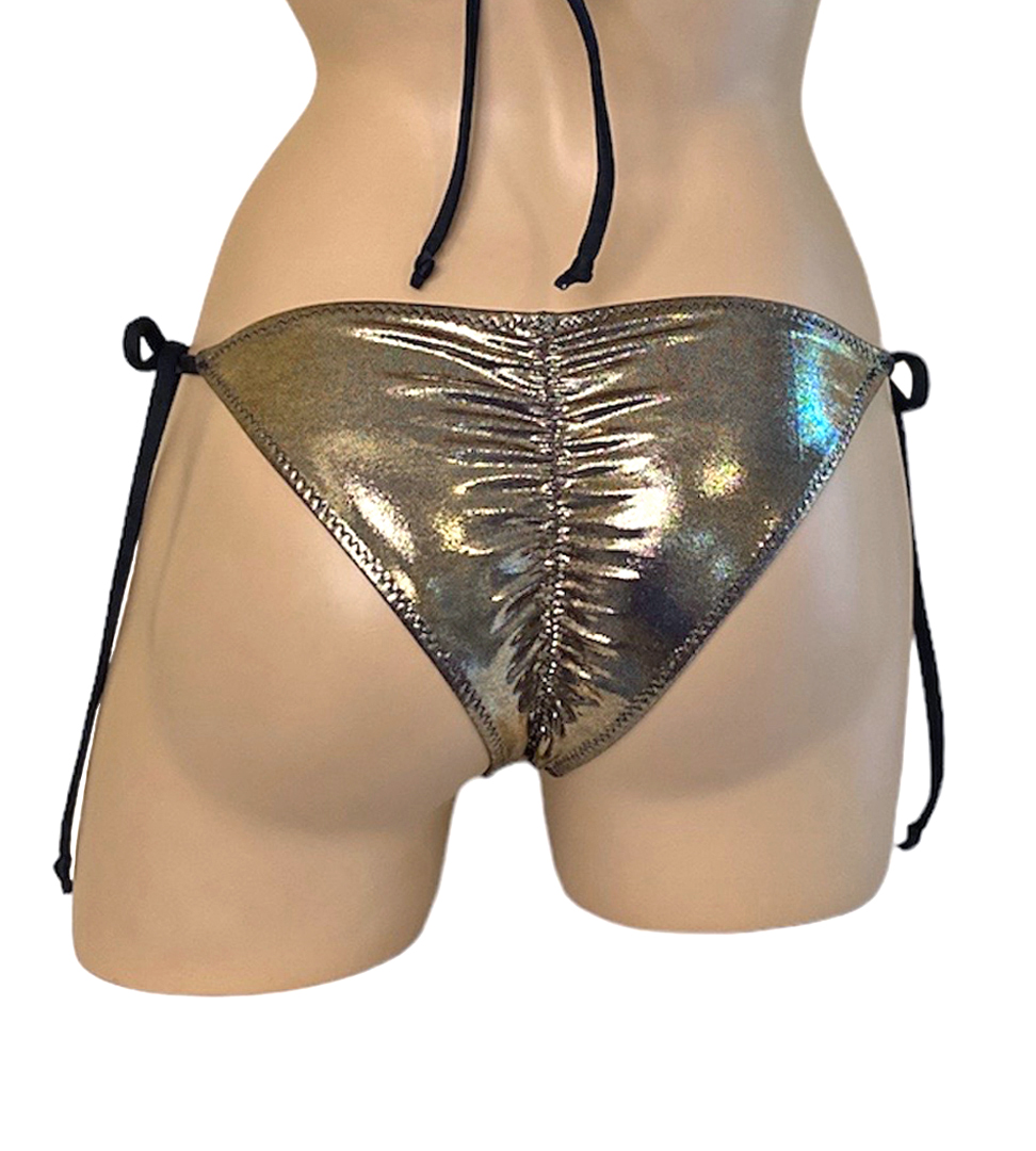 Low waist tie side ruched back bikini bottoms in metallic gold with black straps back view