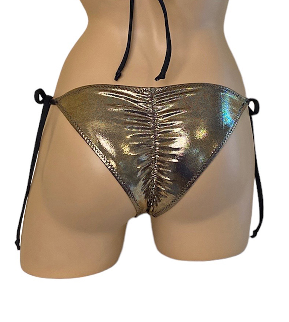 Low waist tie side ruched back bikini bottoms in gold with black straps back view