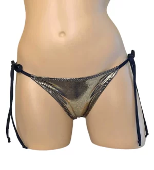 Low waist, ruched back, tie side bikini bottoms in metallic black gold with black straps front view