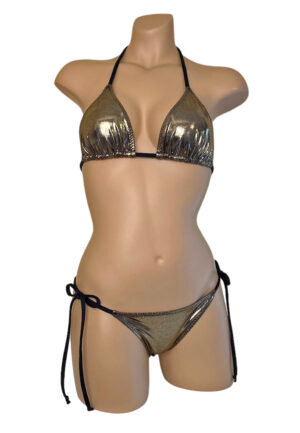 Low waist tie side ruched back bikini bottoms with triangle bikini top in metallic black gold with black straps