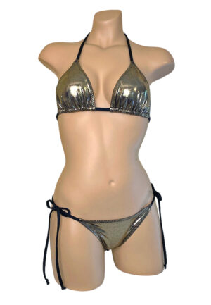 Low waist tie side ruched back bikini bottoms with triangle bikini top in metallic black gold with black straps front view