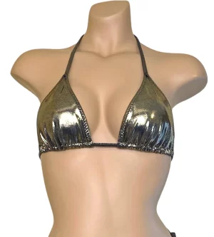 Triangle bikni top in metallic black gold front view