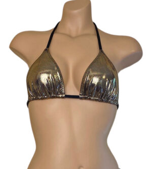 Triangle bikini top in metallic black gold color with black straps