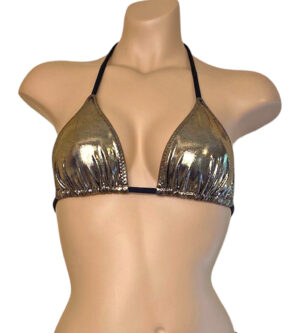 Triangle bikini top in metallic black gold color with black straps front view