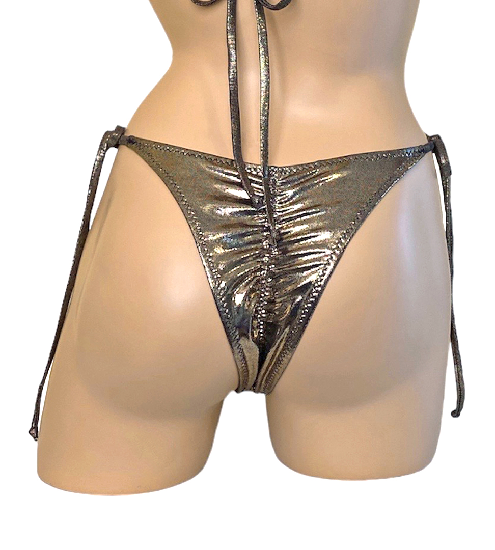 High cut tie side ruched back bikini bottoms in metallic gold back view