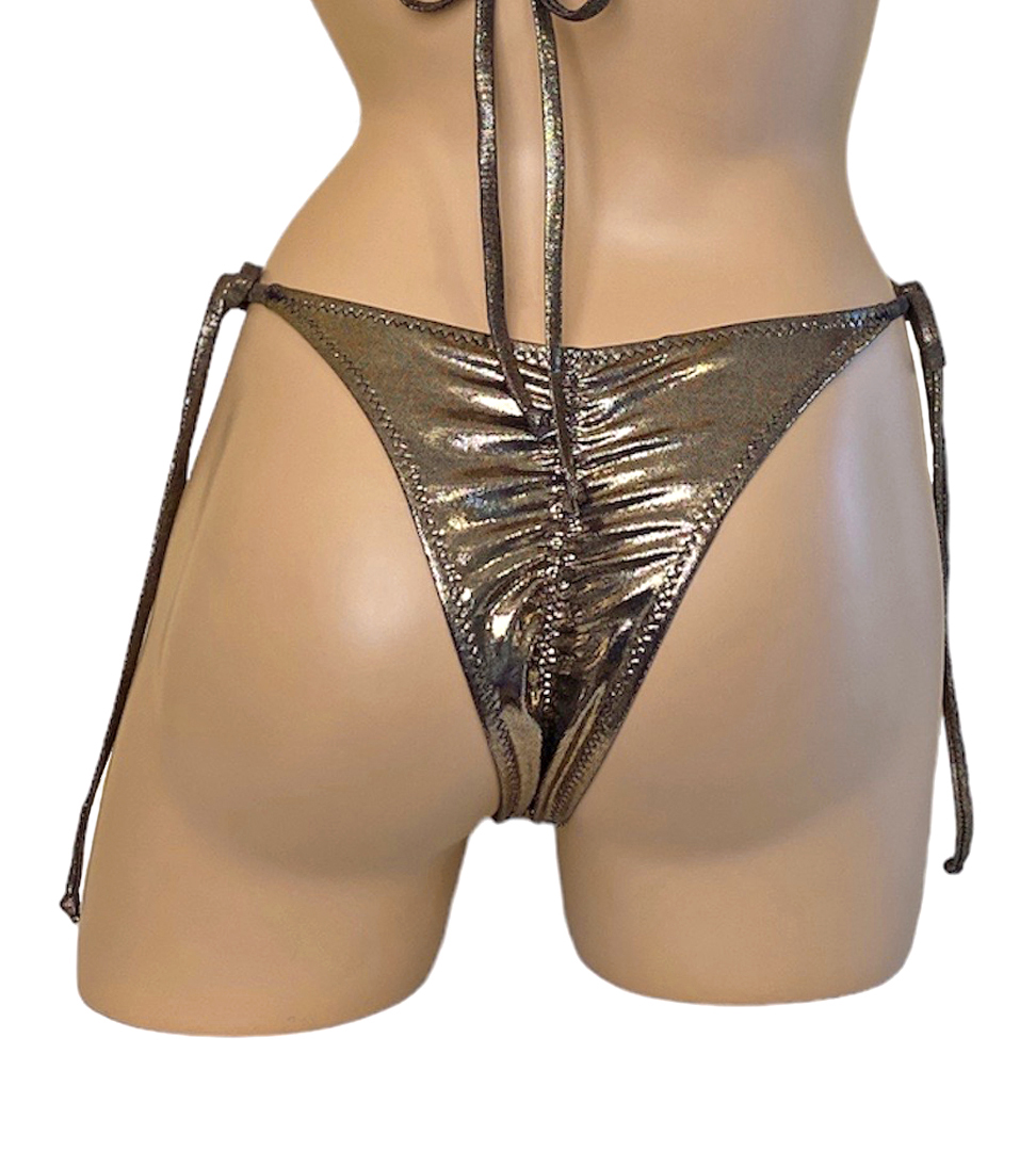 High waist tie side ruched back bikini bottoms in gold back view