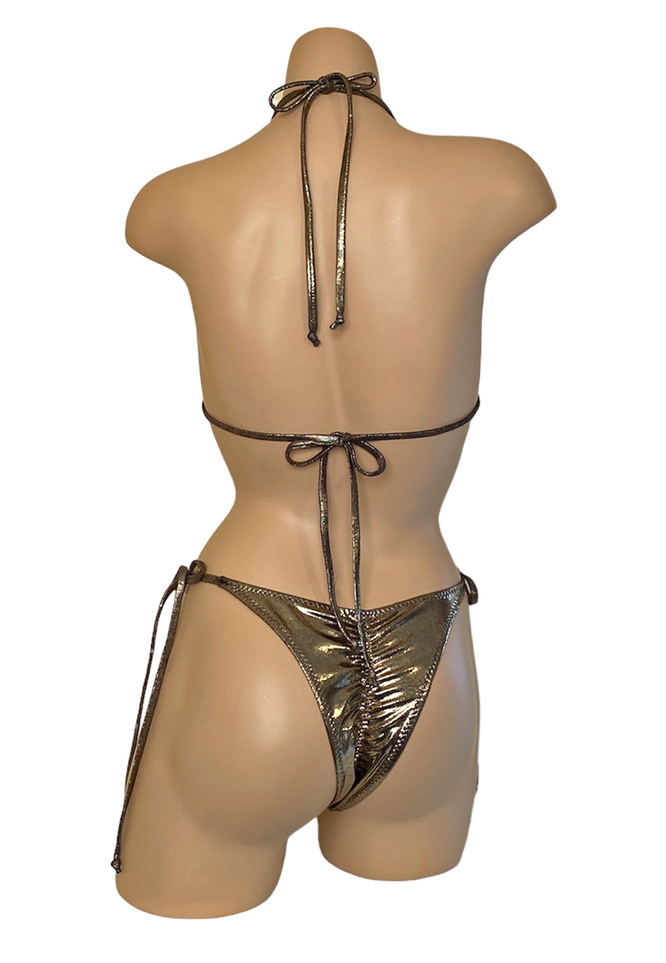 High cut tie side ruched back bikini bottoms and triangle bikini top in black gold back view