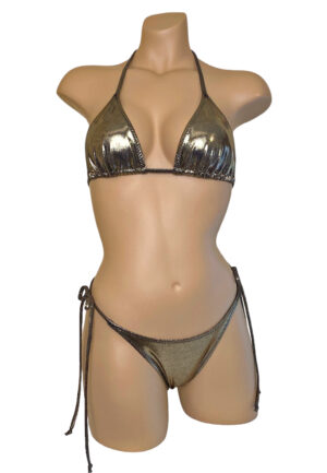 High cut tie side ruched back bikini bottoms and triangle bikini top in metallic black gold