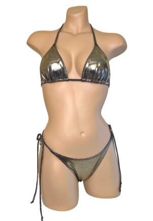 High cut, tie side, ruched back bikini bottoms and triangle bikini top in metallic black gold front view