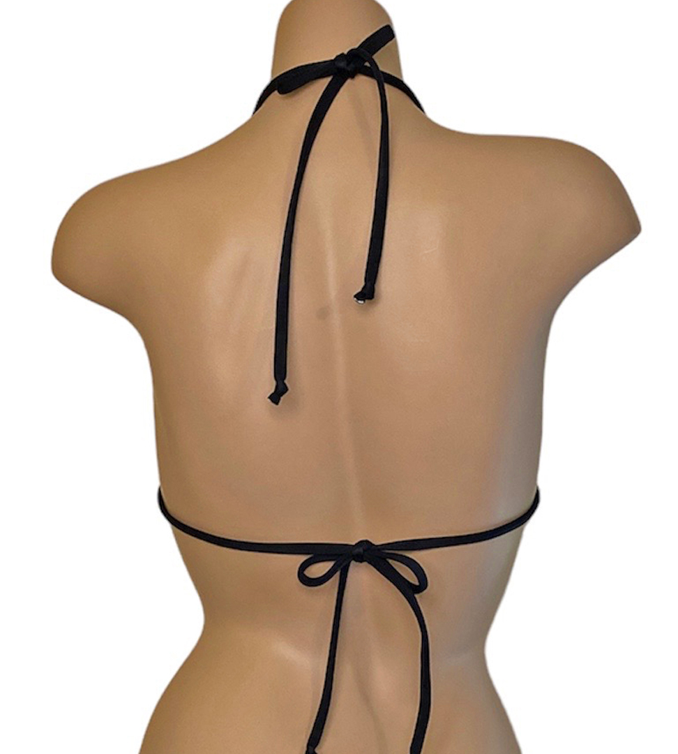 Triangle bikini top in black gold color with black straps back view