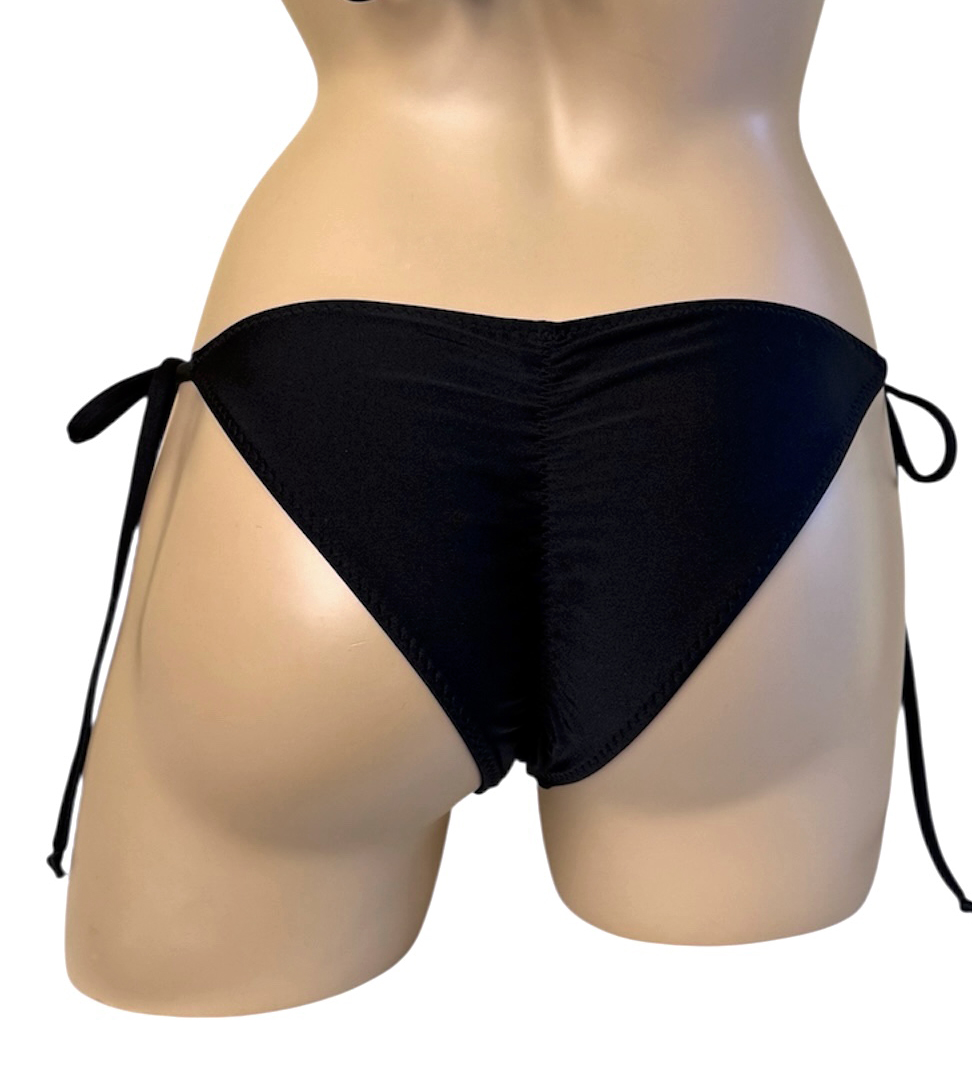Low waist, tie side, ruched back bikini bottoms in basic black back view