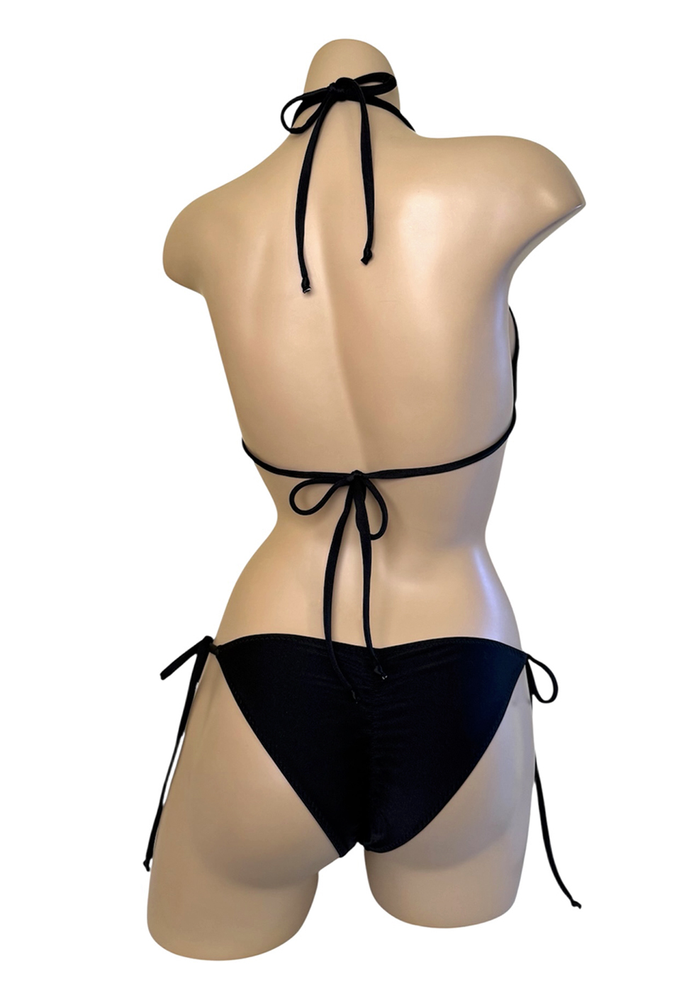 Low waist, tie side, ruched back bikini bottoms and triangle top in black back view