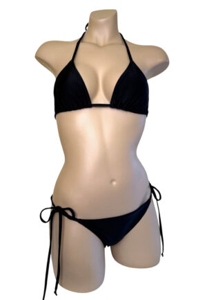 Low waist, tie side, ruched back bikini bottoms and triangle top in black front view