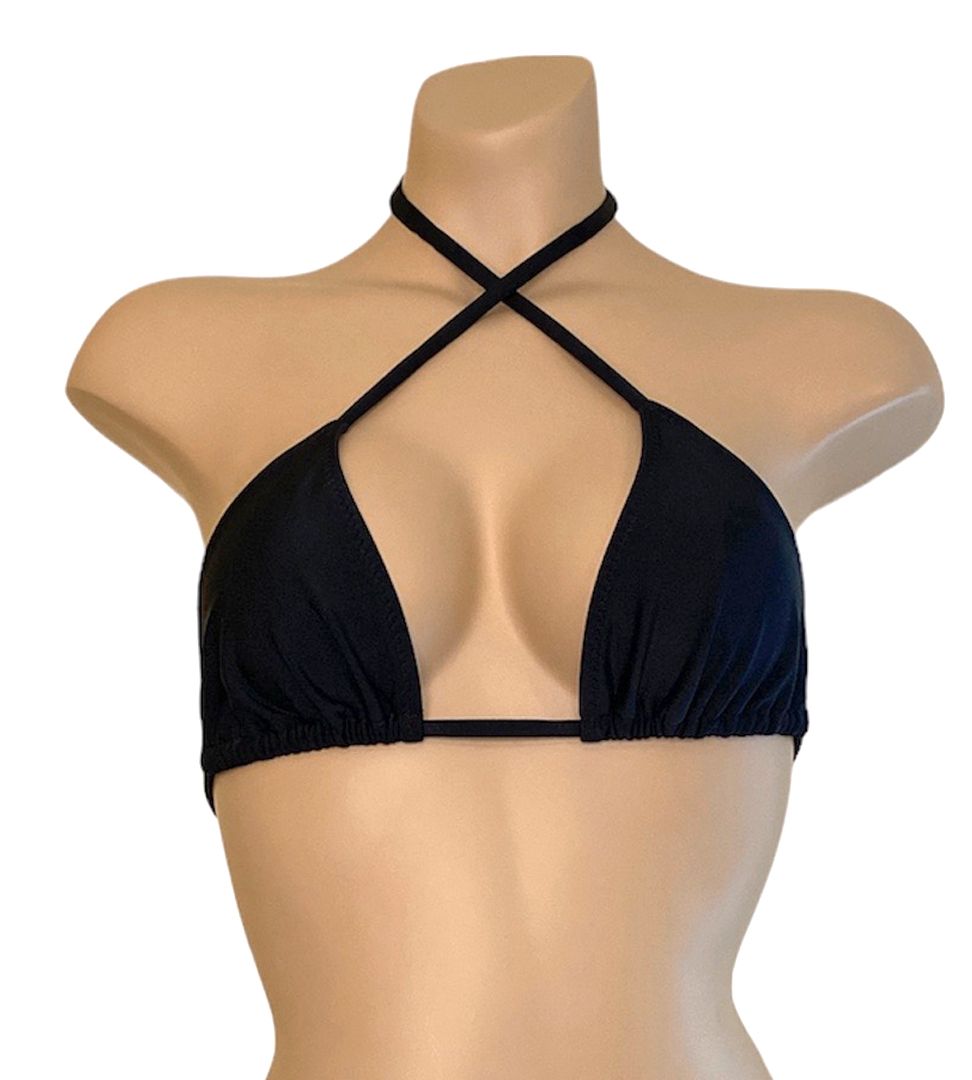 Black triangle bikini top criss crossed front view