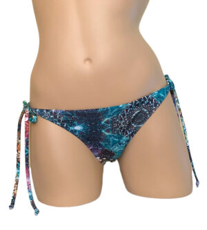 Low waist, tie side, moderate coverage bikini bottoms in boho print front view