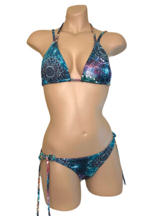 Slider strap triangle bikini top and moderate coverage tie side bikini bottoms in Boho Jade print front view