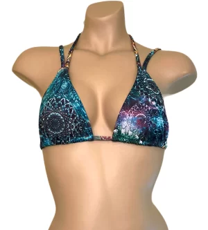 Sliding straps triangle bikini top in boho jade print front view
