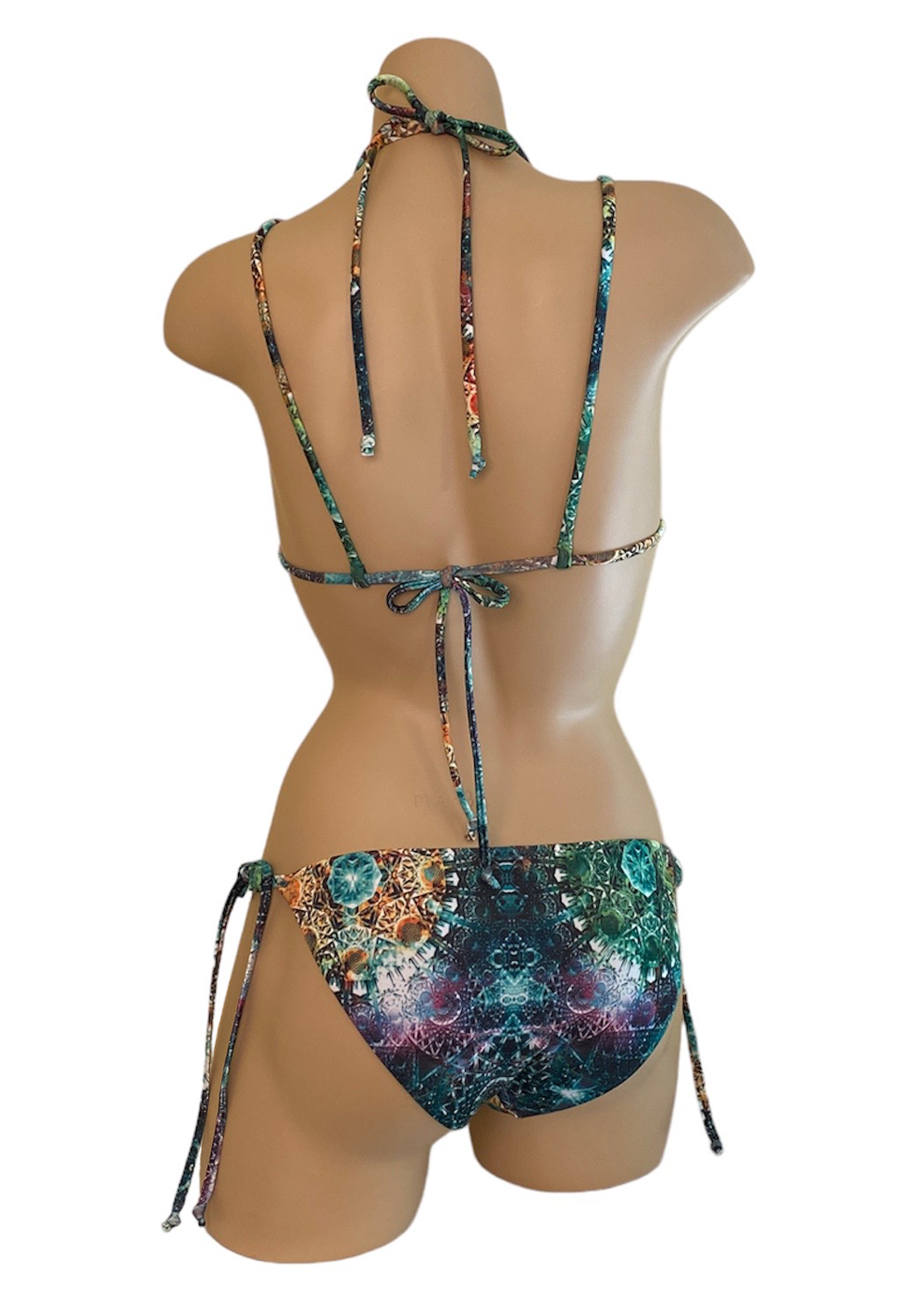 Slider strap triangle bikini top and moderate coverage tie side bikini bottoms in Boho Jade print back view