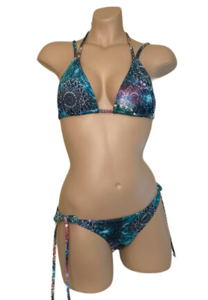 Slider strap triangle bikini top and moderate coverage tie side bikini bottoms in Boho Jade print