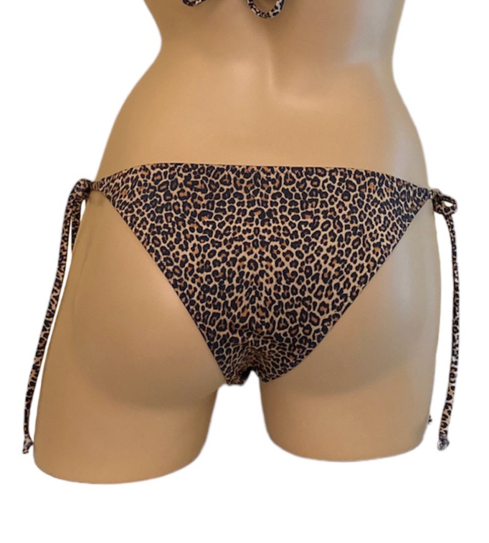 Low waist tie side bikini bottoms in cheetah print back view