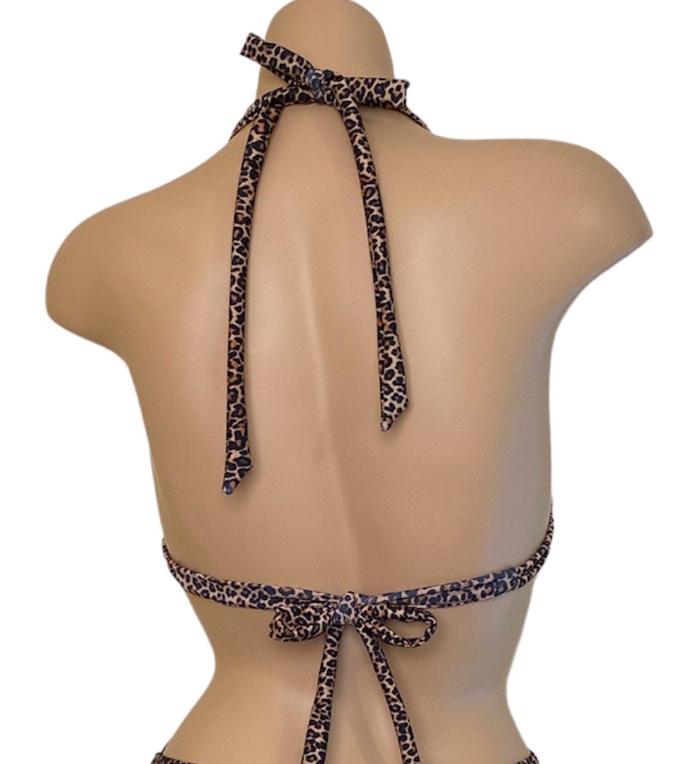Double strap halter bikini top in cheetah print back view