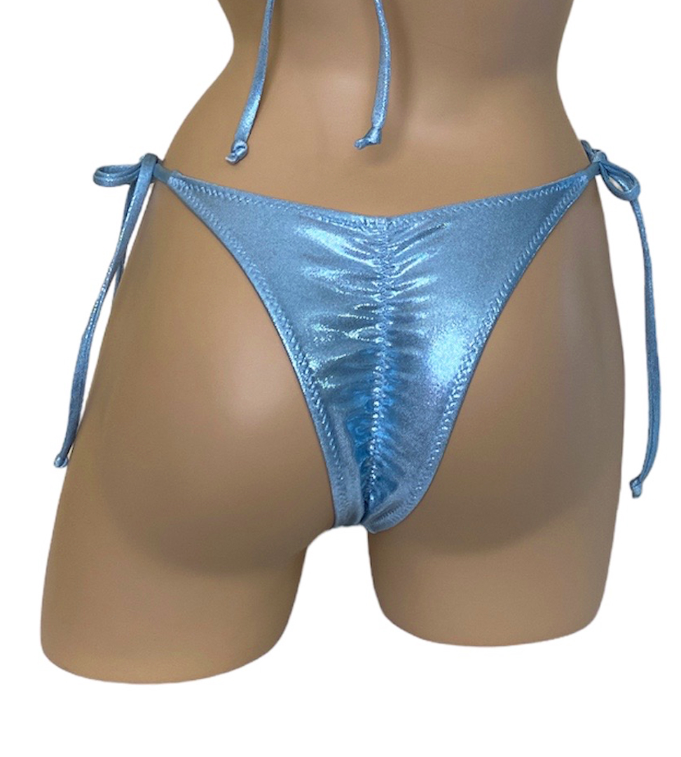 High cut tie side crystal side hoops bikini bottoms in ice blue back view