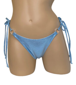 High cut tie side crystal side hoops bikini bottoms in metallic ice blue