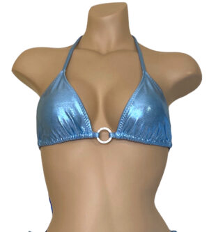 Triangle bikini top with crystal silver ring at center in metallic ice blue