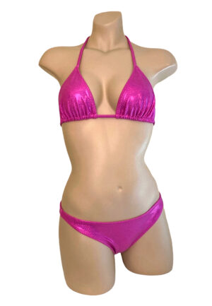 Low waist hip hugging bikini bottoms with triangle bikini top in glitter pink front view