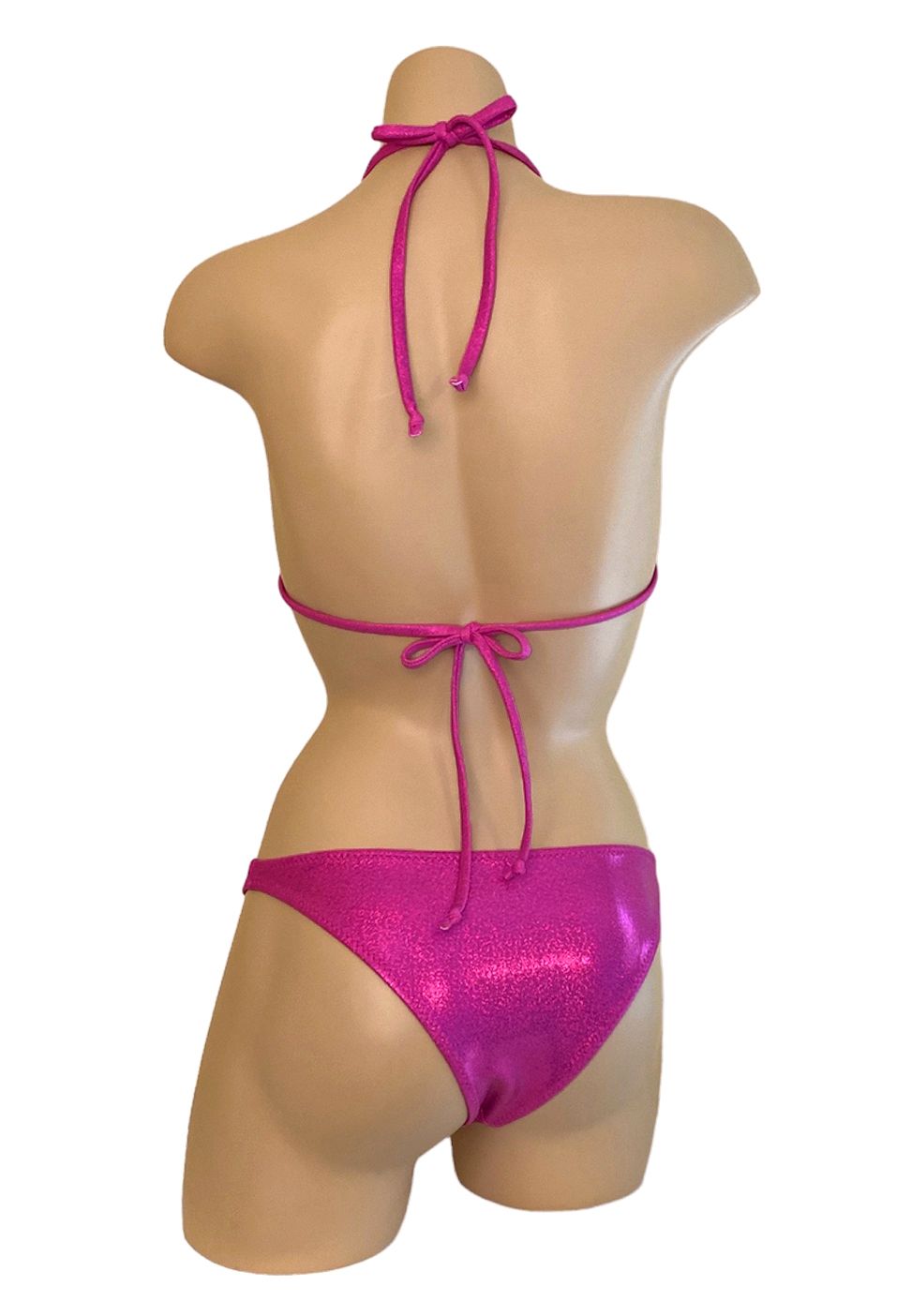 Low waist hip hugging bikini bottoms with triangle bikini top in glitter pink back view