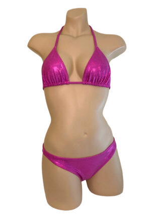 Low waist hip hugging bikini bottoms with triangle bikini top in glitter pink