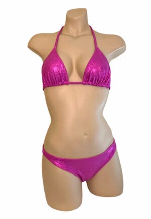 Low waist hip hugging bikini bottoms with triangle bikini top in glitter pink front view