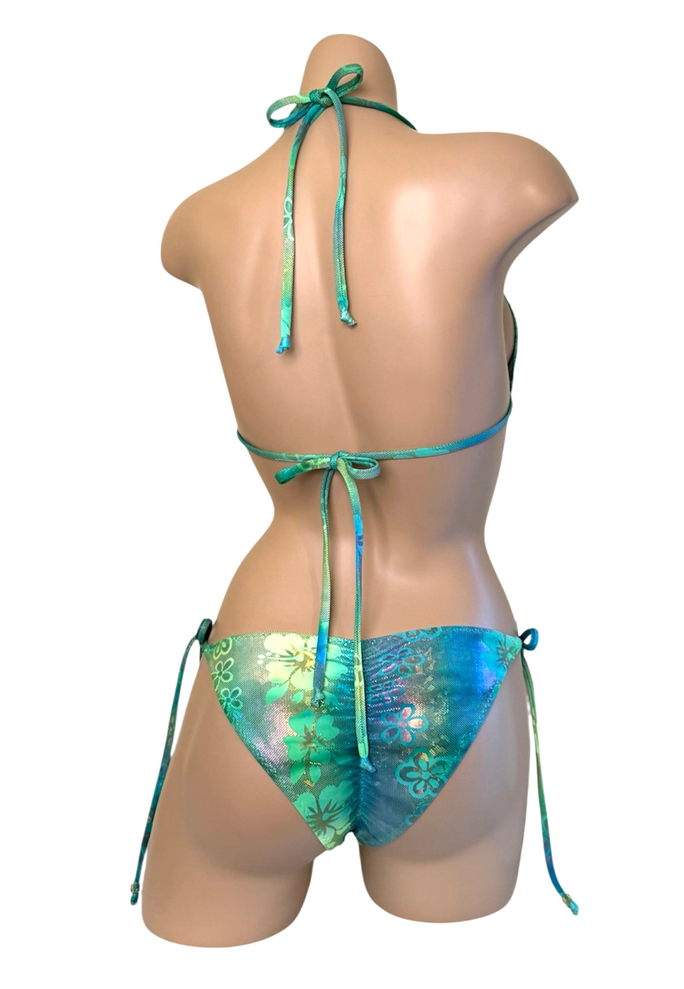 Low waist, tie side, ruched back bikini bottoms and triangle bikini top in green floral print with beads back view