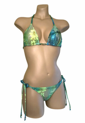 Low waist, tie side, ruched back bikini bottoms and triangle bikini top in green floral print with beads front view