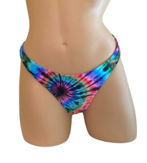 Reversible high cut bikini bottoms in tie dye with hot pink on the reverse