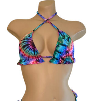 Reversible ruffled triangle bikini top in tie dye print with hot pink on the reverse
