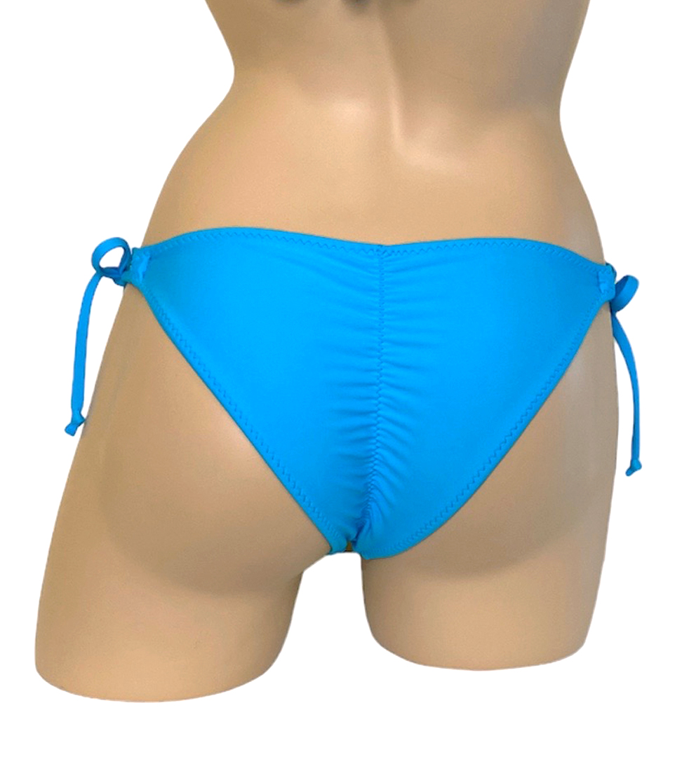 Low waist, tie side, ruched back bikini bottoms in turquoise back view