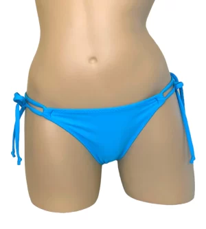Low waist, tie side, ruched back bikini bottoms in turquoise front view
