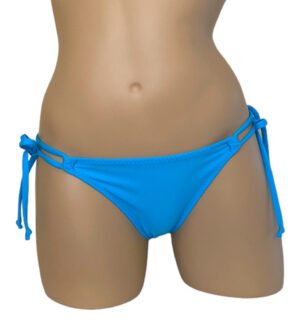 Low waist bikini bottoms with looped side ties and ruched back in turquoise